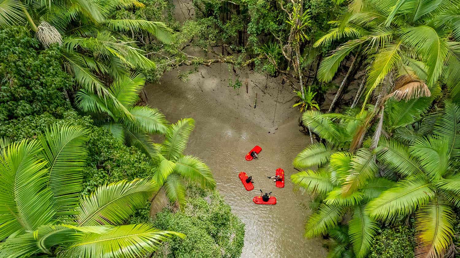 people drifiting through rainforest in port douglas on floaters