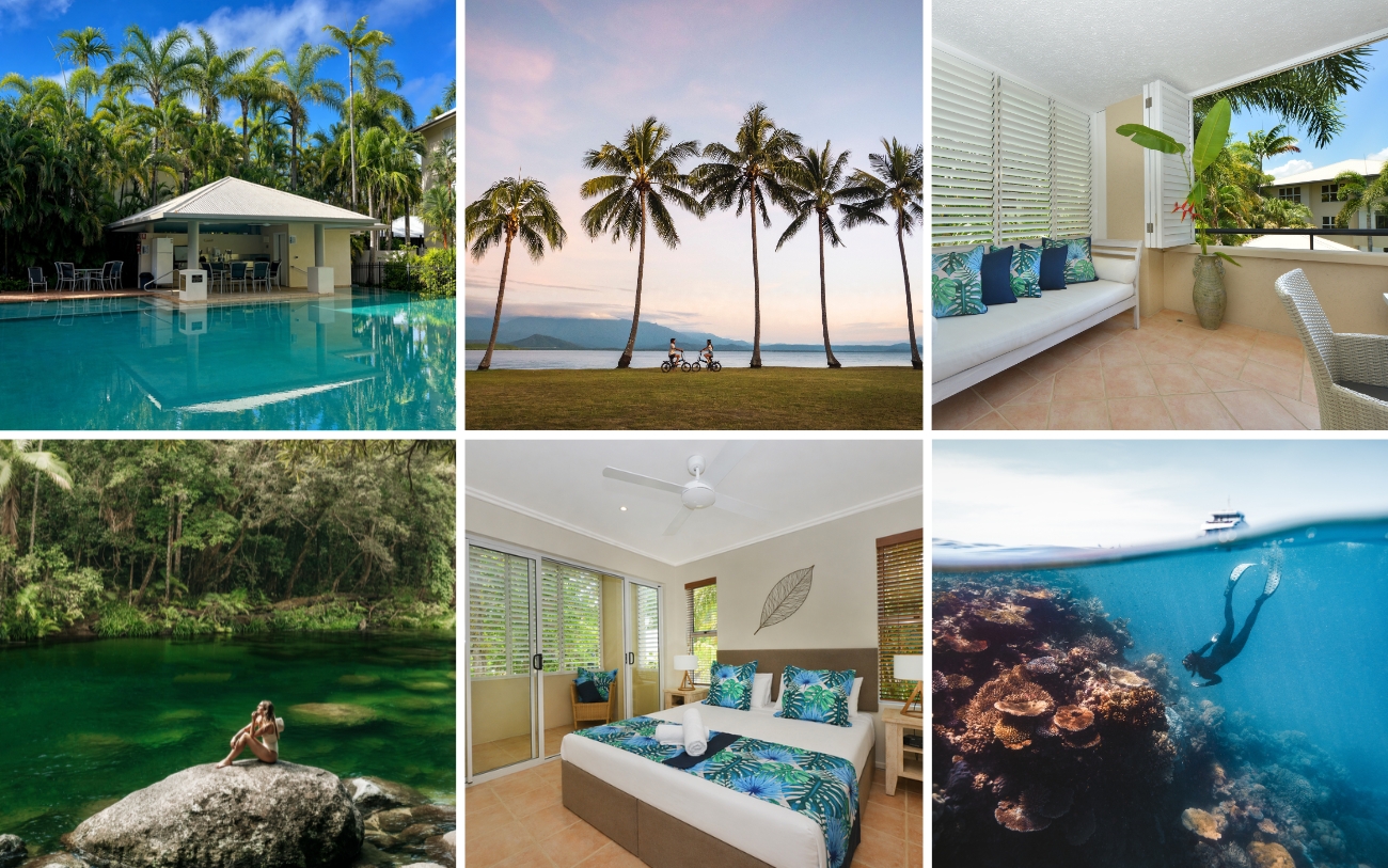 Collage showcasing experiences in Port Douglas including Cayman Villas resort pool and apartment accommodation, Rex Smeal Park, Mossman Gorge rainforest, the Great Barrier Reef, and tropical holiday experiences near Four Mile Beach.