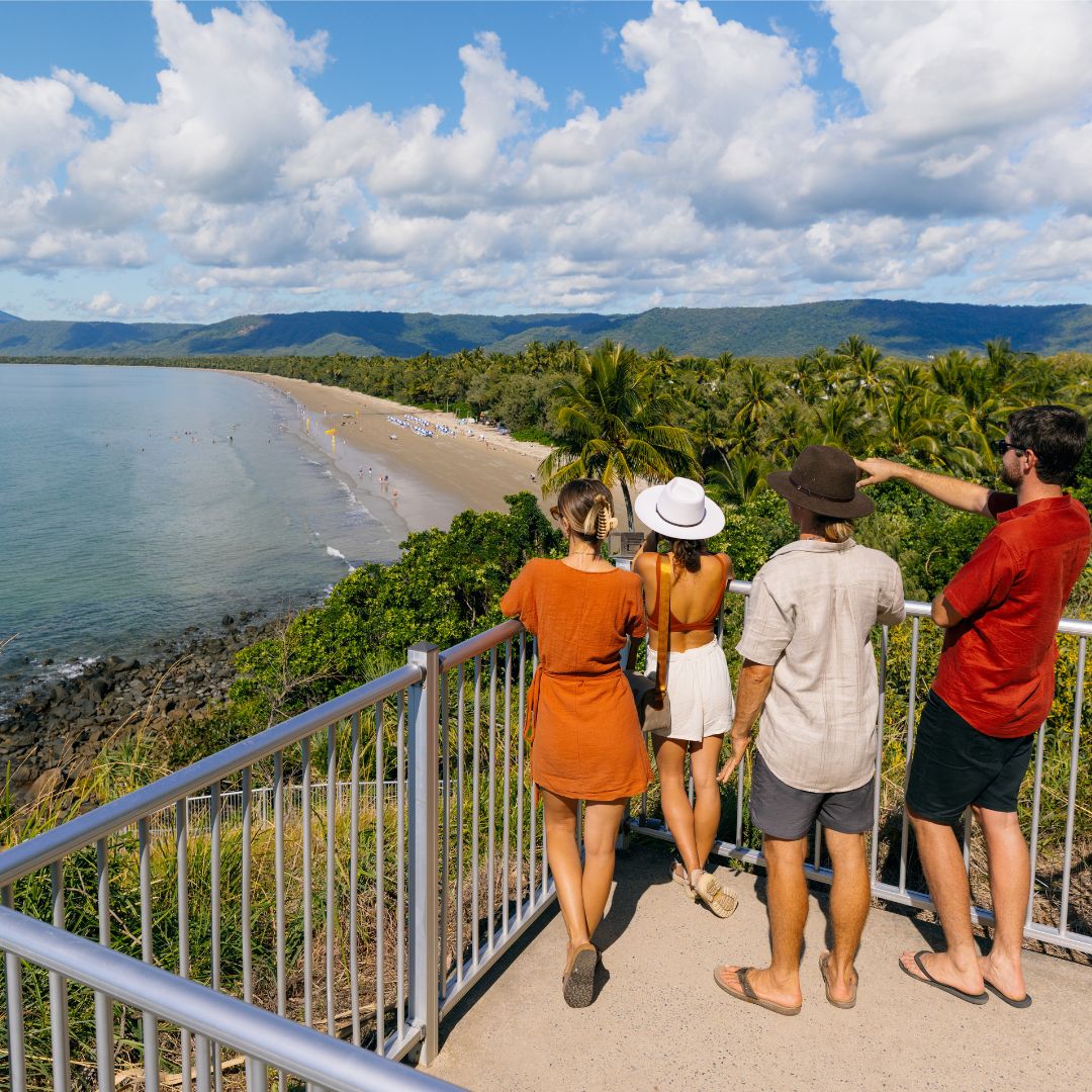 2 couples enjoying views of fourmile beach from flagstaff hill lookout