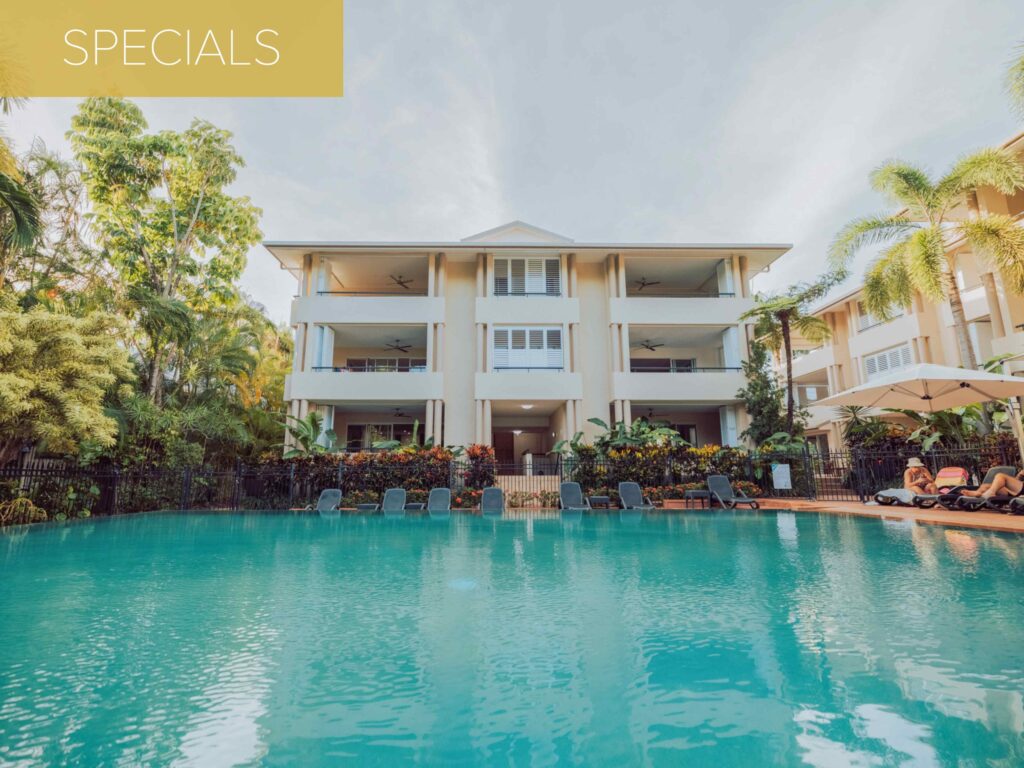 wide shot of the infinity pool surrounded by lush greenery