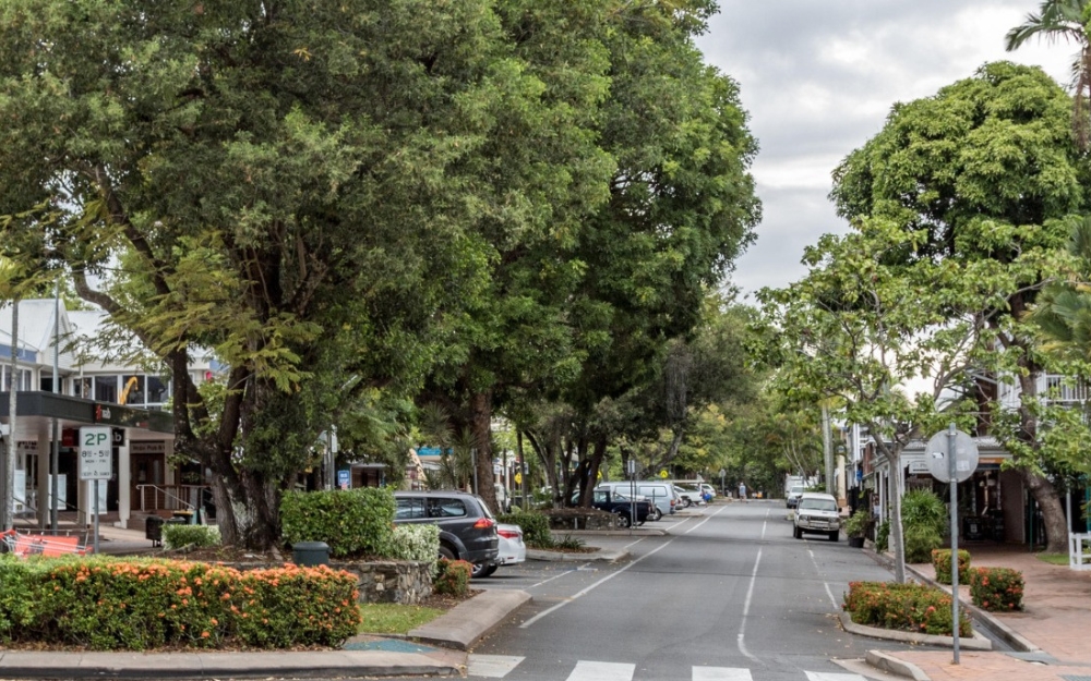 Tree-lined Macrossan Street in Port Douglas featuring boutique shops, cafés and tropical greenery in the town centre.