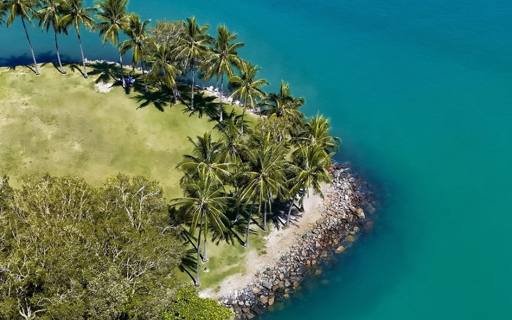 Aerial view of Rex Smeal Park featuring palm trees, waterfront lawns and turquoise waters along the Port Douglas foreshore.