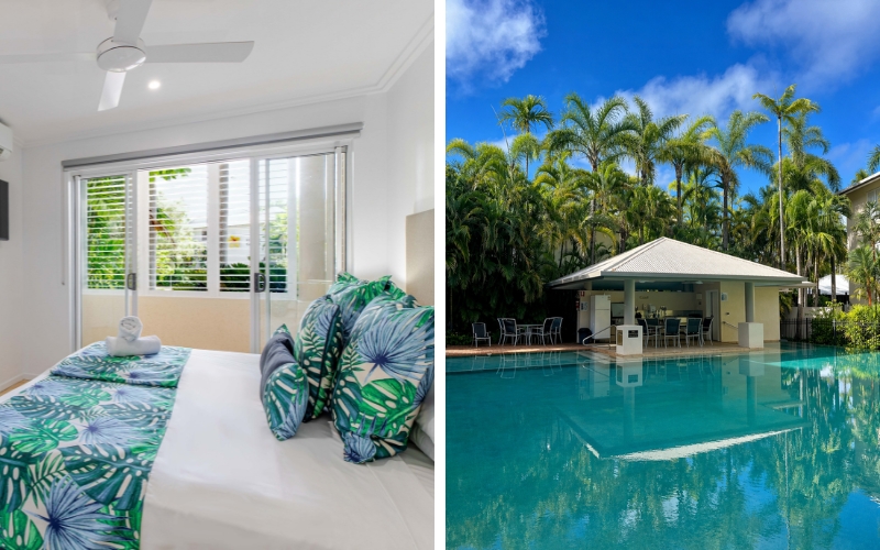 Guest room and tropical swimming pool at Cayman Villas Port Douglas, an ideal base for whale watching tours and Great Barrier Reef adventures.