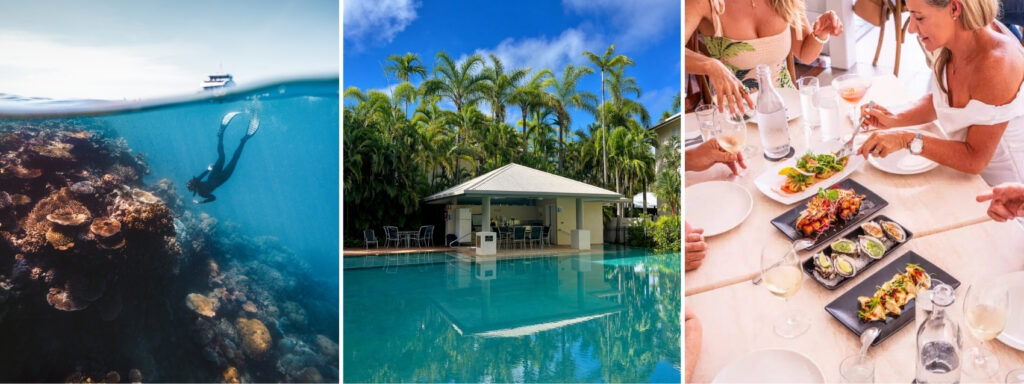 Great Barrier Reef snorkelling, tropical resort pool and group dining during a Port Douglas holiday.