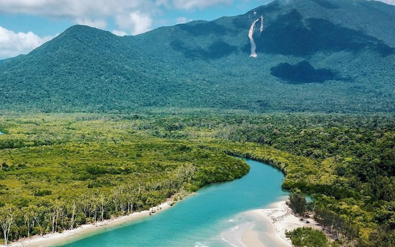 Aerial view of Cape Tribulation in the Daintree Rainforest, Queensland, showing a white sandy beach, turquoise ocean waters and lush tropical rainforest covering the surrounding headlands.